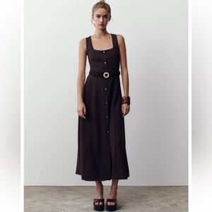 Zara Dark Brown Button-Down Belted Midi Dress